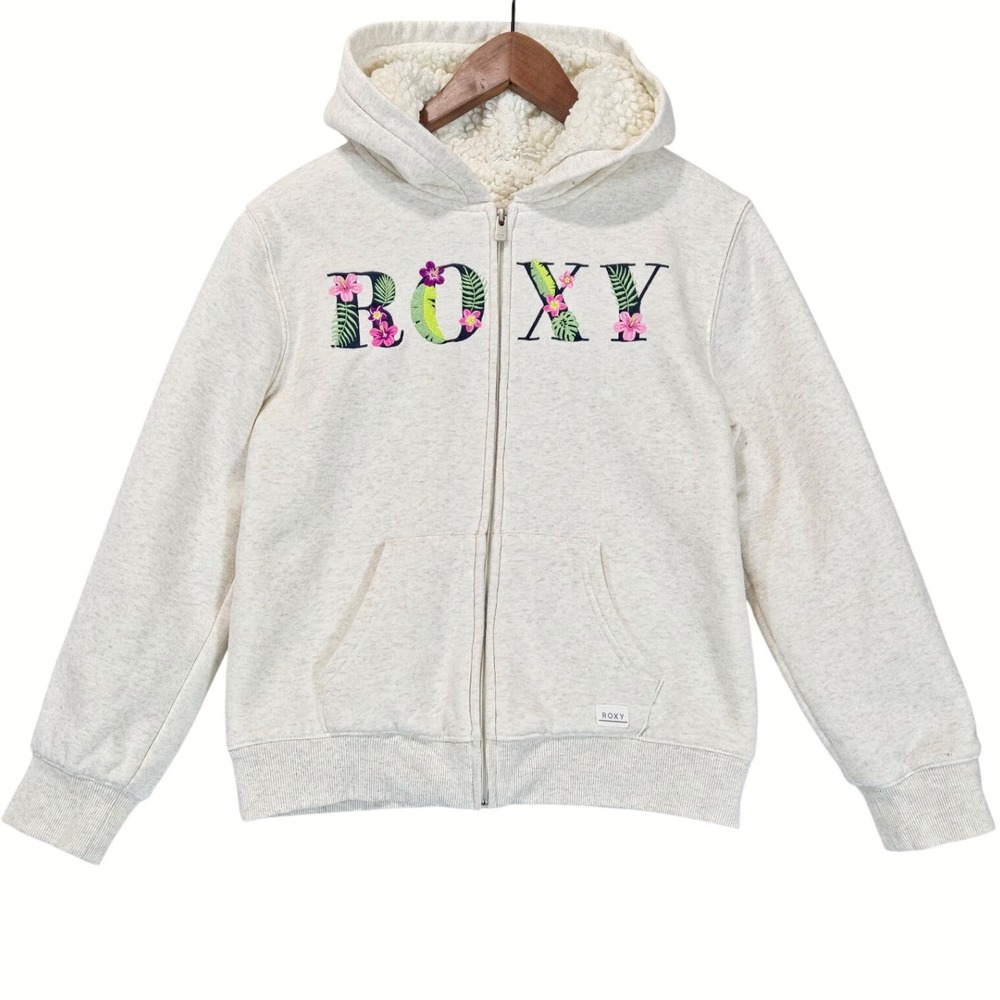 Roxy Sherpa Full Zip Hoodie Girls L 14/16 Cream Floral Embroidery Cozy Layering